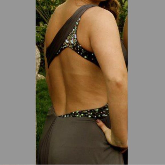 La Femme One Shoulder Asymmetrical Floor Length Dress with Open Back and Gems - Picture 4 of 10